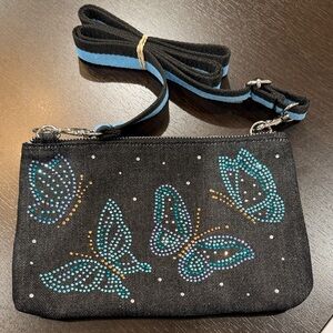 Brighton Black Crossbody Bag with Blue and Gold Crystal Butterflies